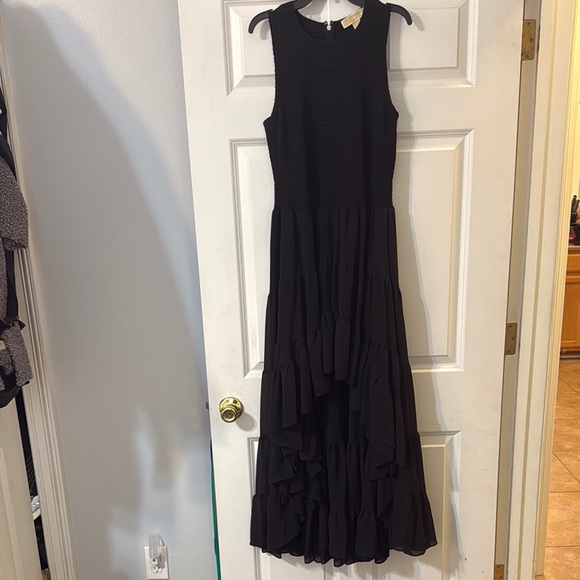 Michael Kors Georgette Smocked High-Low Black Sleeveless Dress